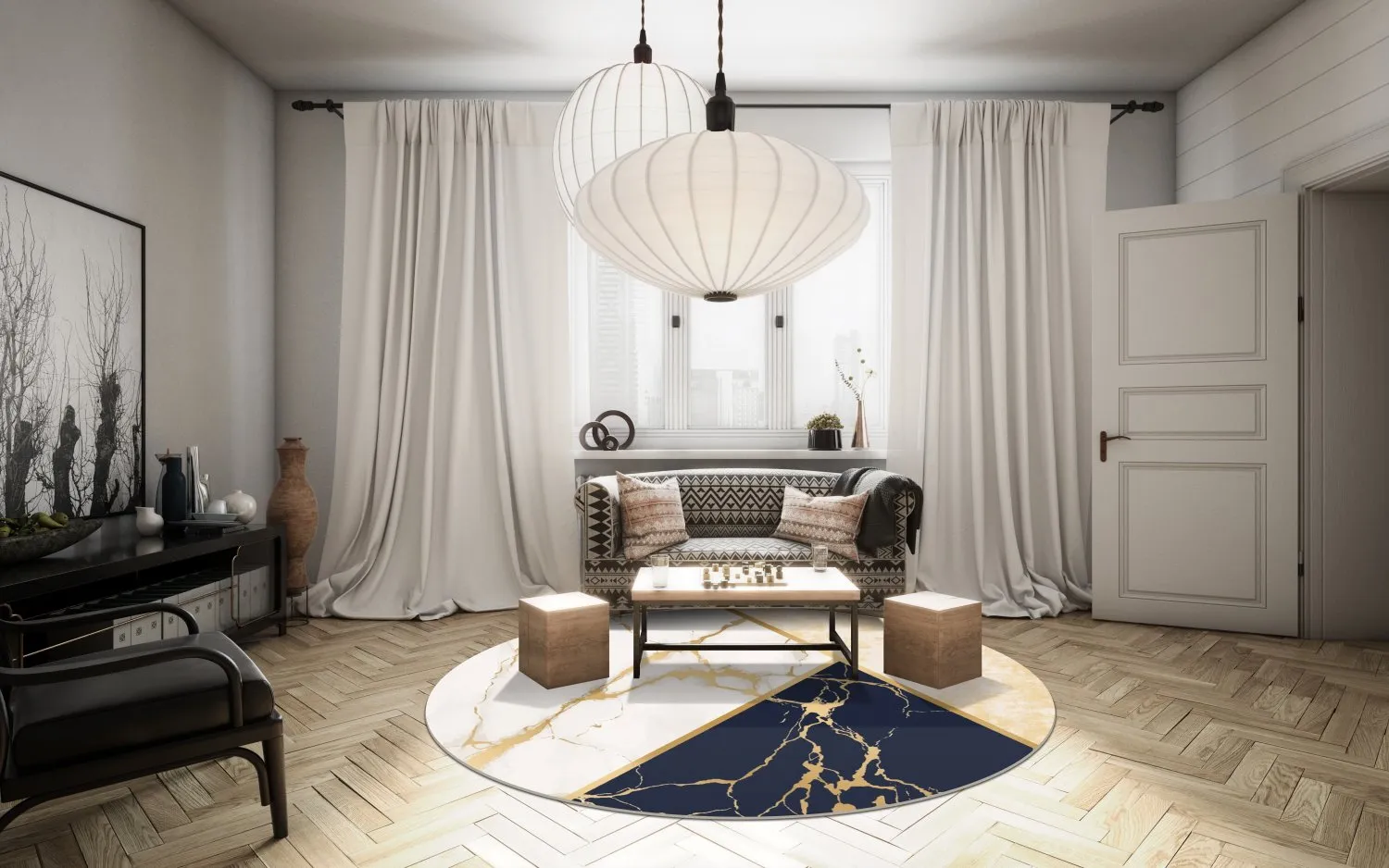 Tappeto rotondo - Canelli (beige/bianco/blu)