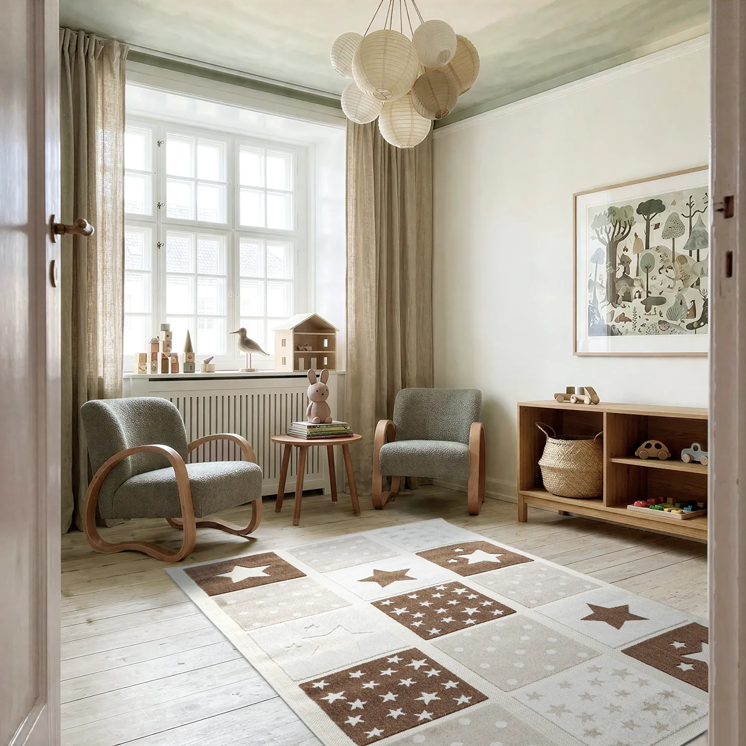Tappeto per Bambini - Star Grid (crema/marrone)