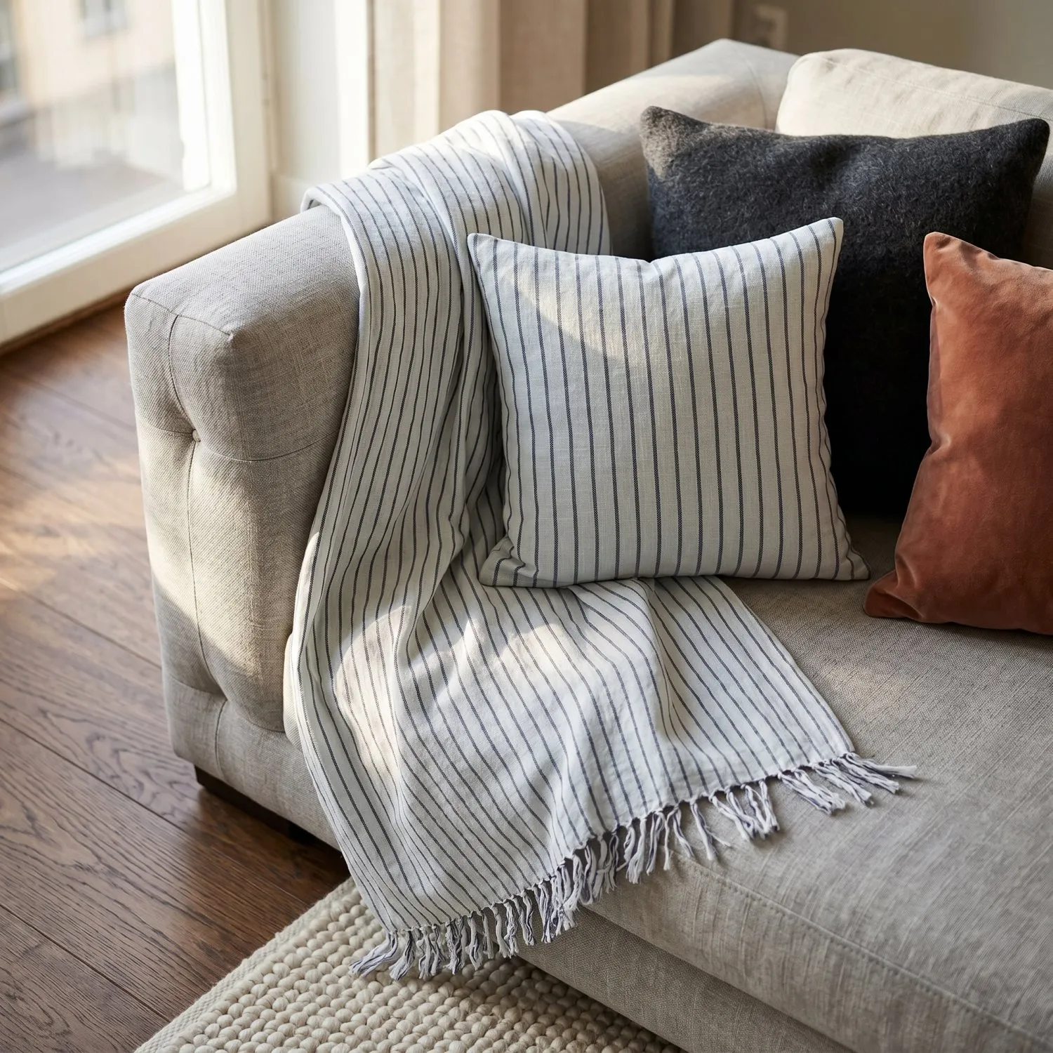 Coperte - Rumi stripe cotton throw (azzurro chiaro/blu navy/crema)