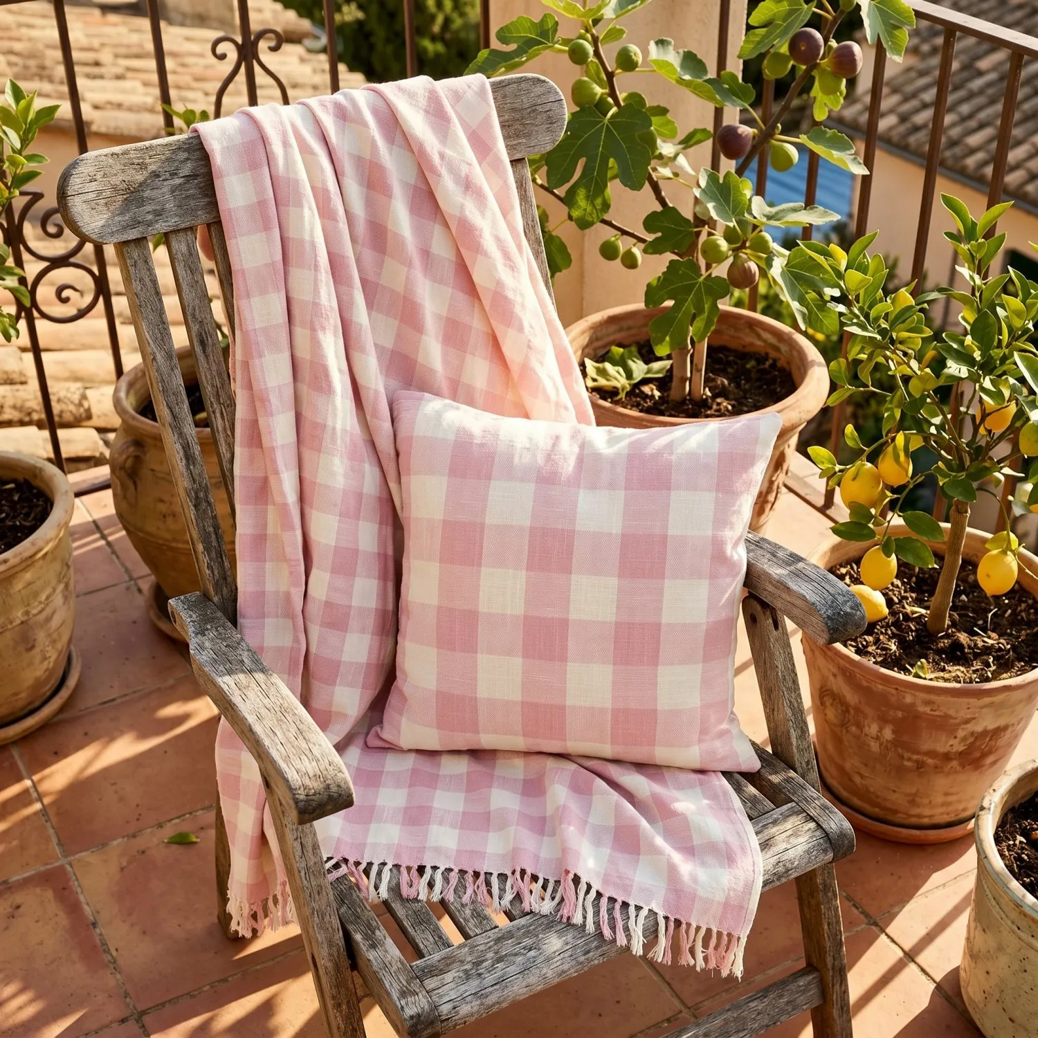 Federa - Isela check cotton cushion cover (crema/rosa)