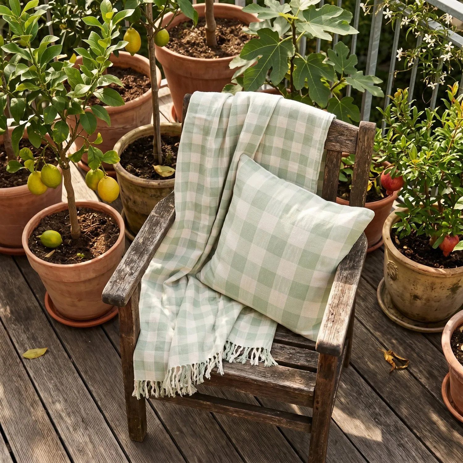 Coperte - Isela check cotton throw (crema/verde chiaro)