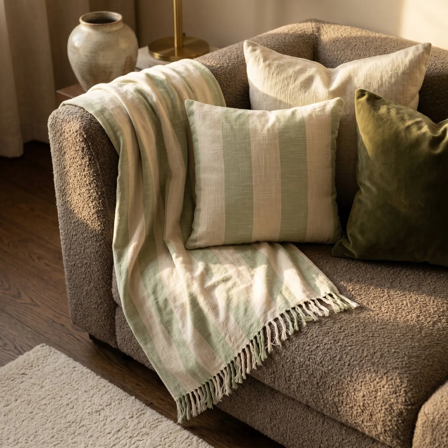 Coperte - Kora stripe cotton throw (crema/verde chiaro)