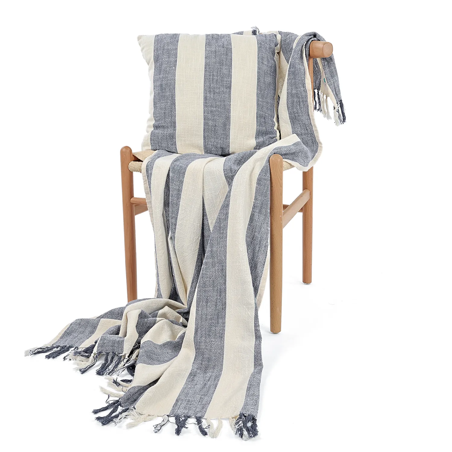 Coperte - Kora stripe cotton throw (crema/blu navy)