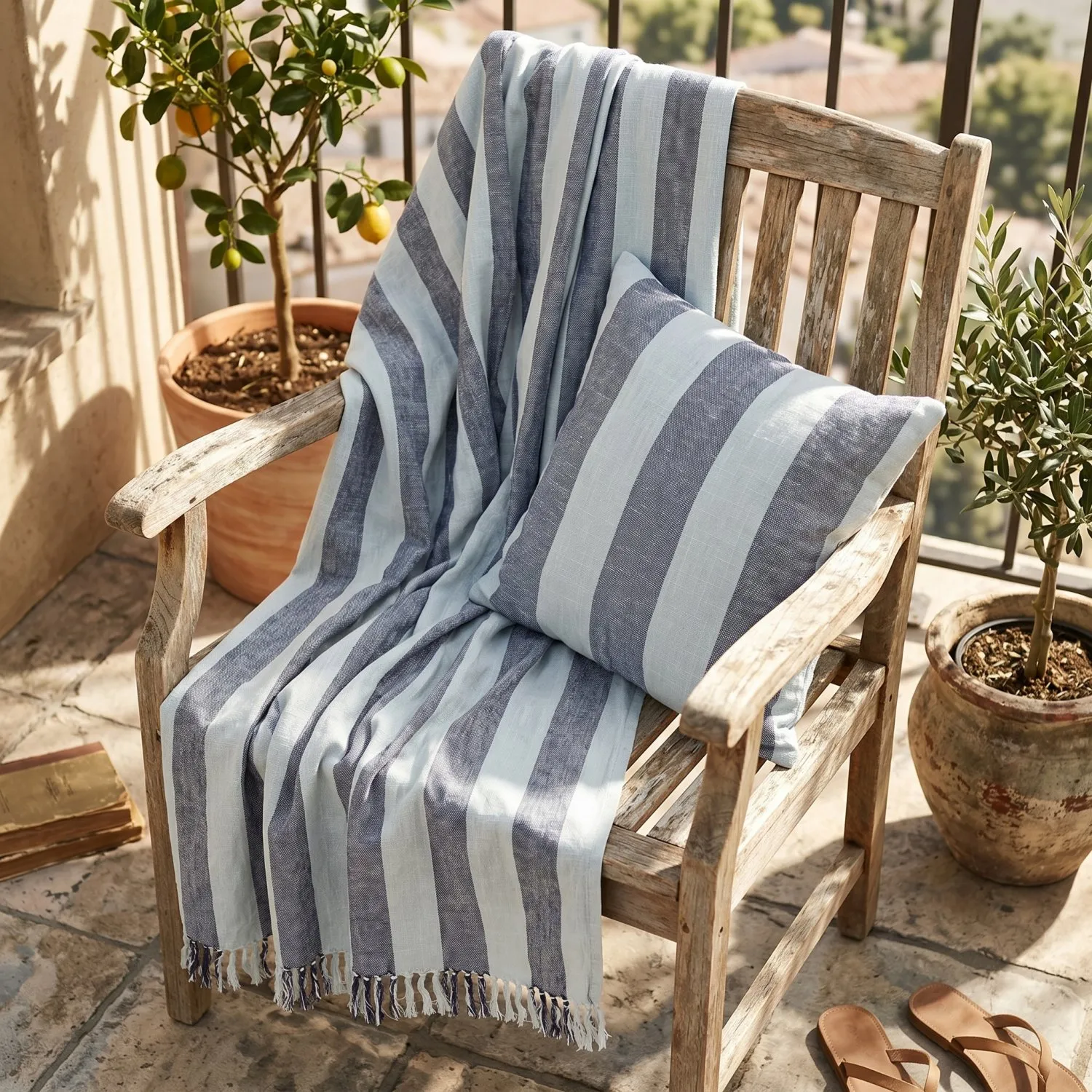 Coperte - Kora stripe cotton throw (blu navy/blu chiaro)
