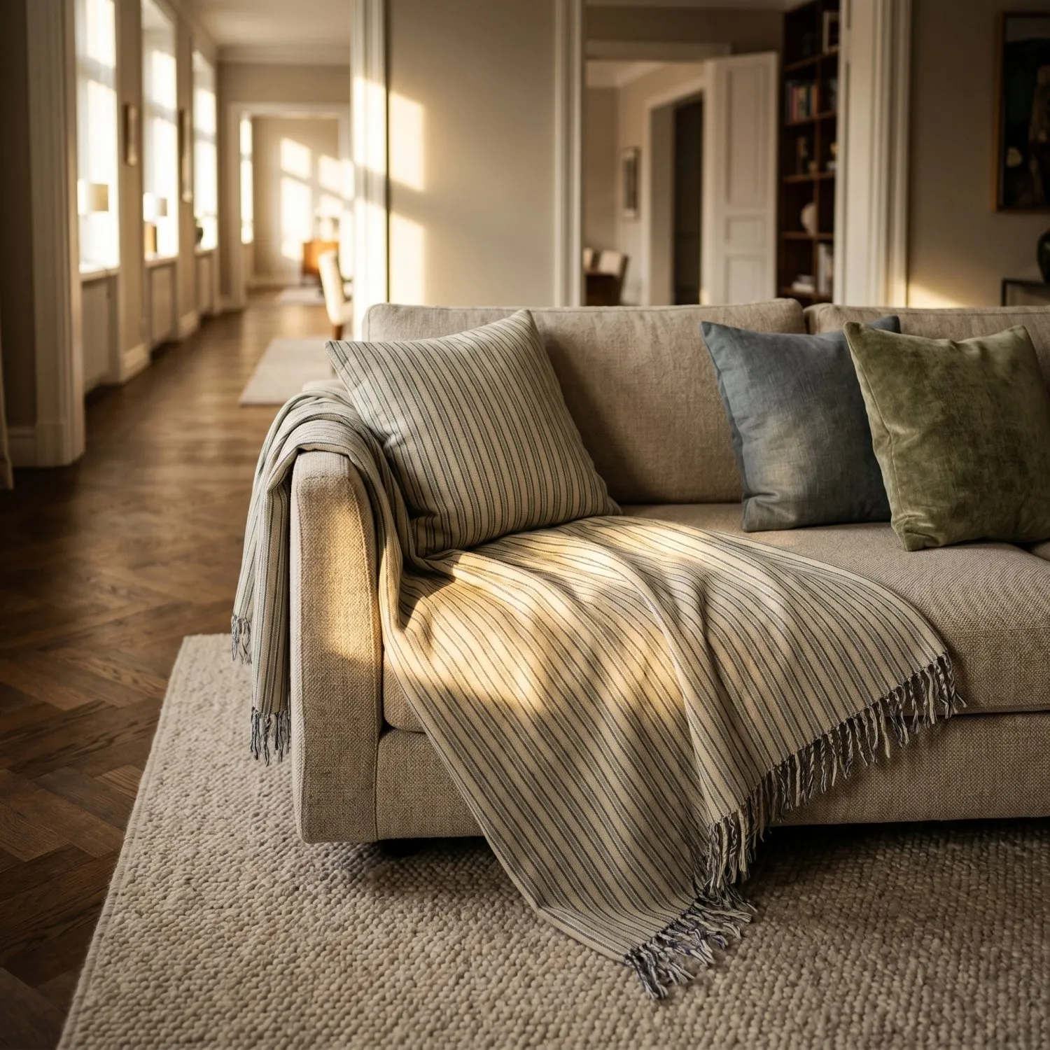 Coperte - Rumi stripe cotton throw (crema/blu navy/verde chiaro)