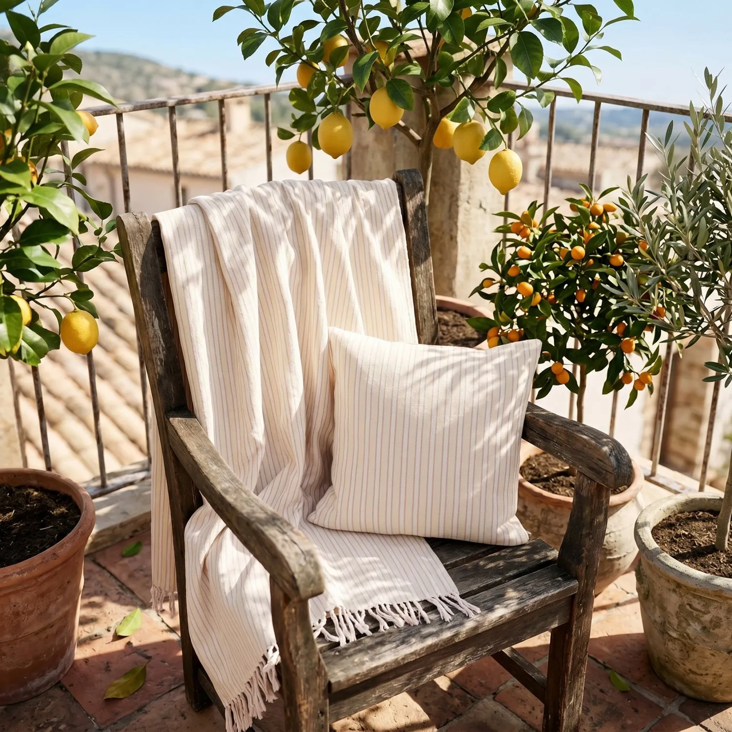 Coperte - Rumi stripe cotton throw (crema/rosa/azzurro chiaro)