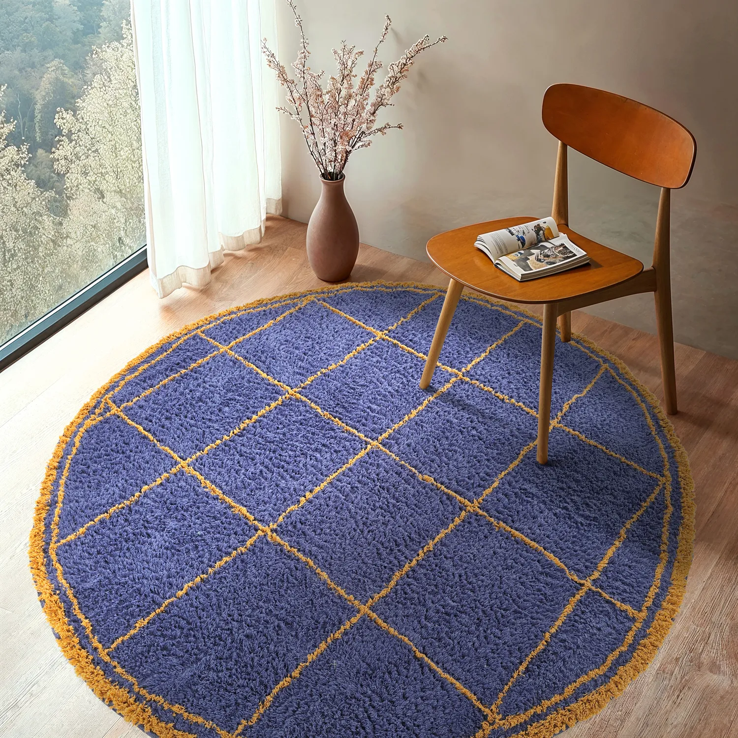 Tappeto rotondo - Lana Natural Cotton Shaggy (blu/giallo)