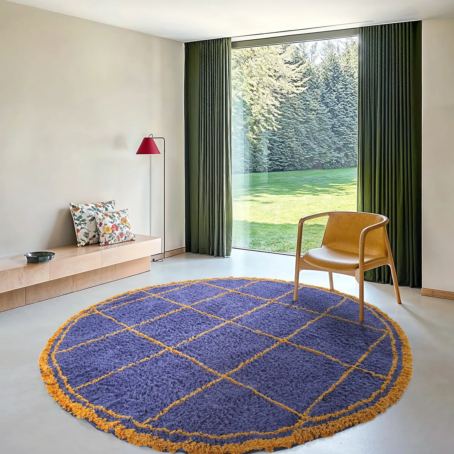 Tappeto rotondo - Lana Natural Cotton Shaggy (blu/giallo)