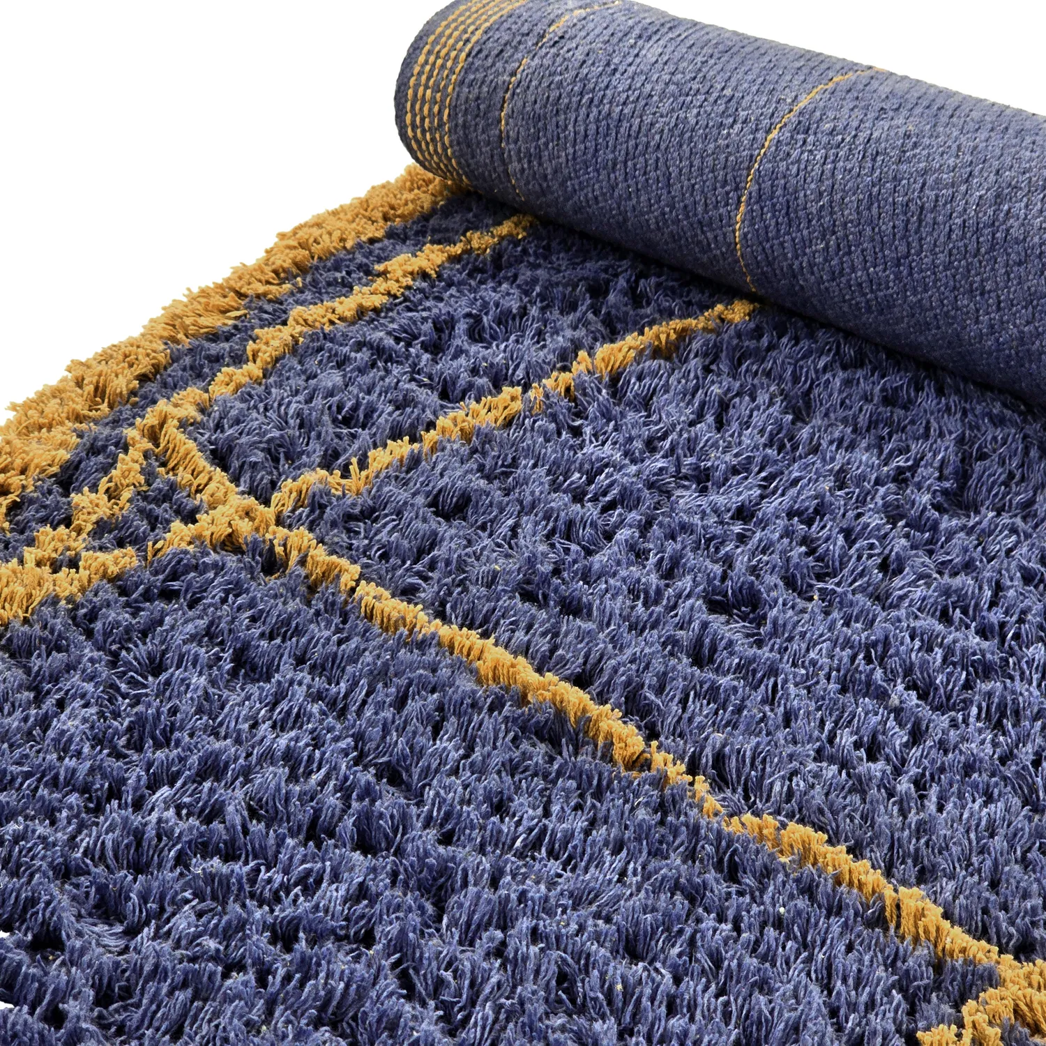 Tappeto rotondo - Lana Natural Cotton Shaggy (blu/giallo)