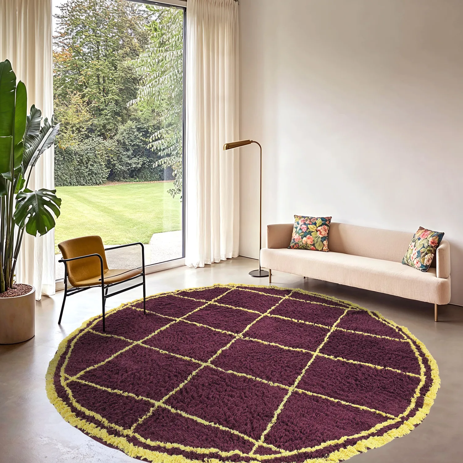 Tappeto rotondo - Lana Natural Cotton Shaggy (bordeaux/giallo)