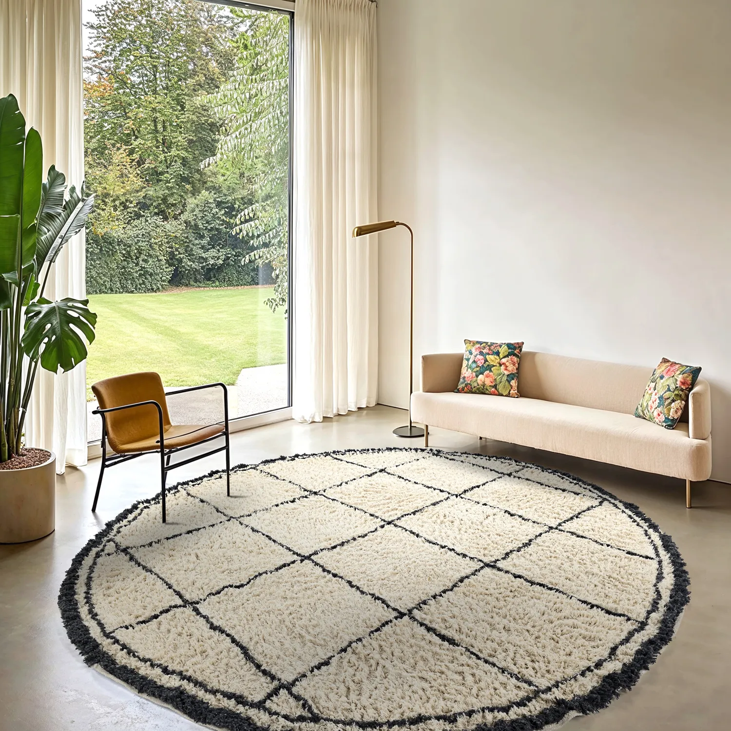Tappeto rotondo - Lana Natural Cotton Shaggy (crema/grigio scuro)