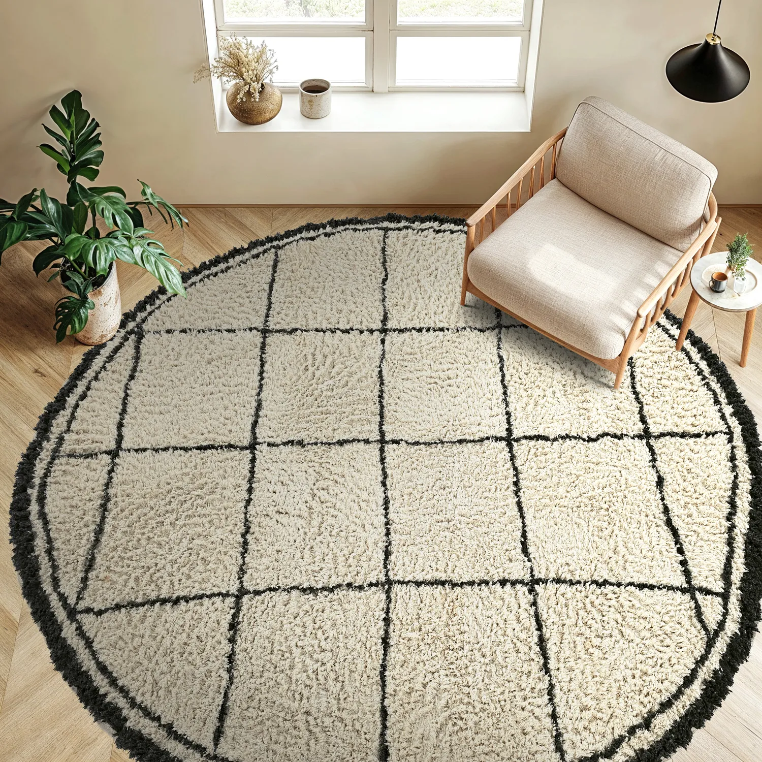 Tappeto rotondo - Lana Natural Cotton Shaggy (crema/grigio scuro)