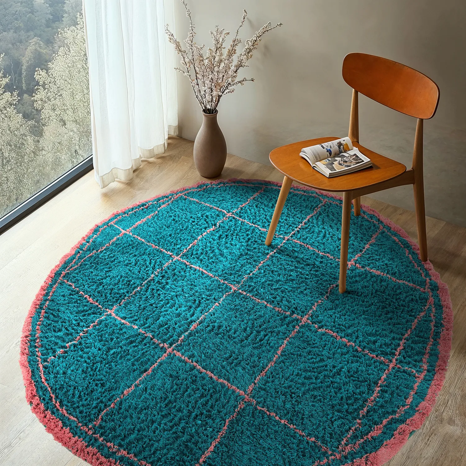 Tappeto rotondo - Lana Natural Cotton Shaggy (turchese/rosa)