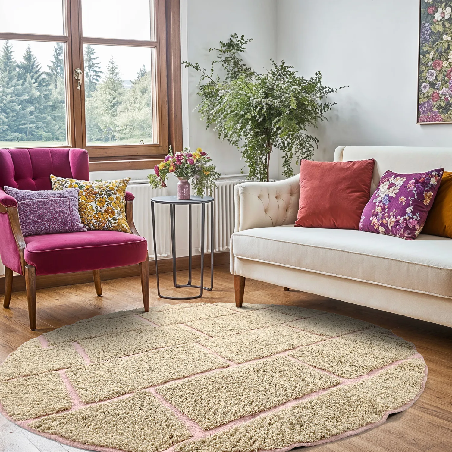 Tappeti rotondi - Lindley Natural Cotton Shaggy (beige/rosa)