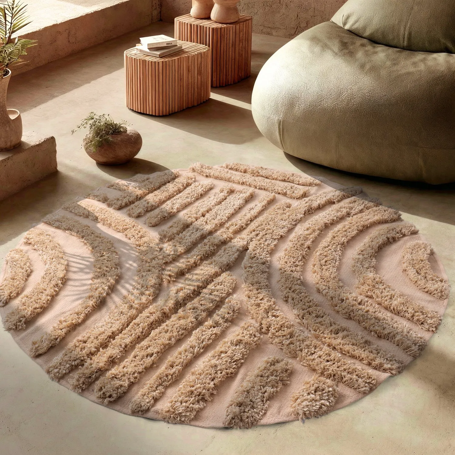 Tappeto rotondo - Cazorla Natural Cotton Shaggy (beige)