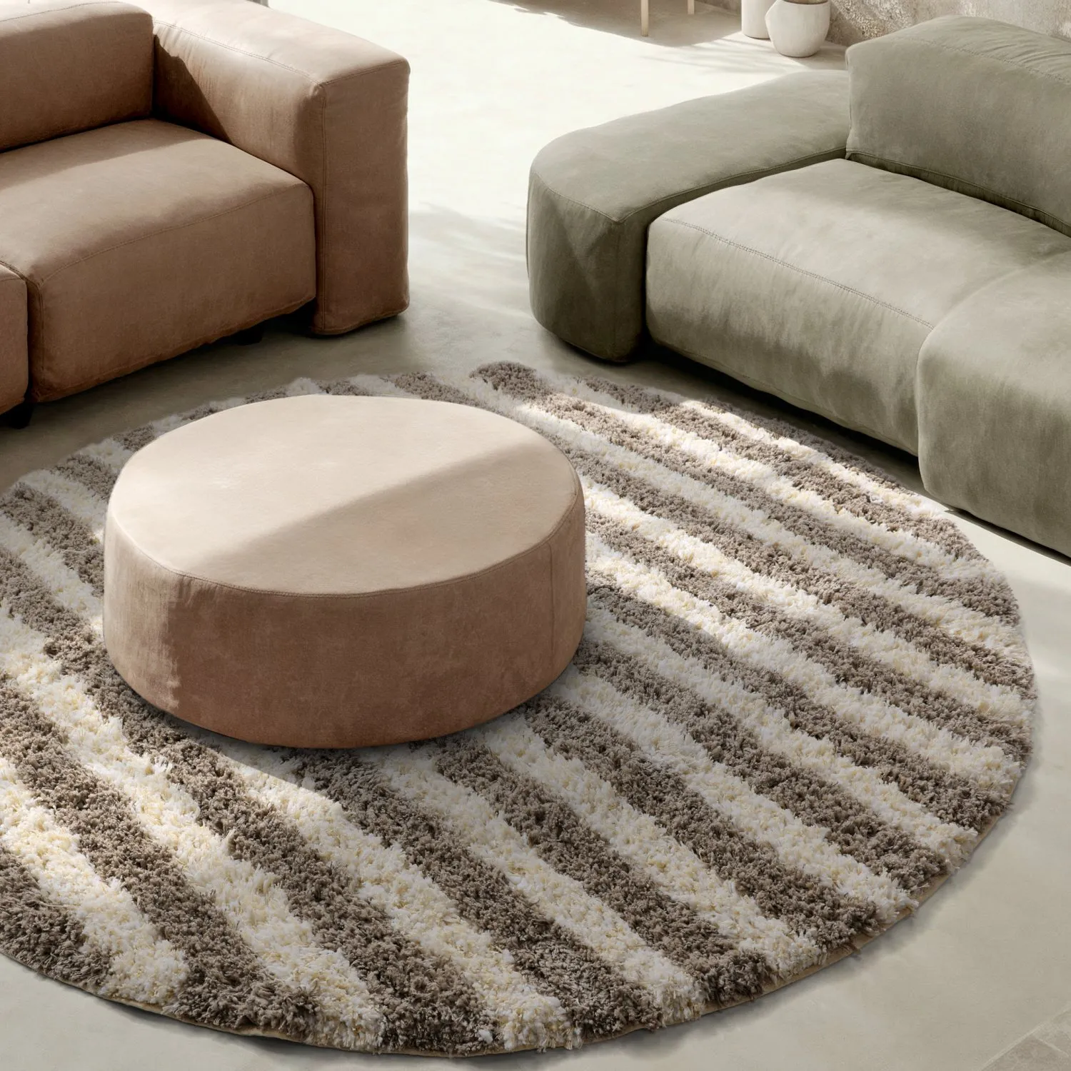Tappeto rotondo - Thira Stripe Cotton Shaggy (crema/taupe)