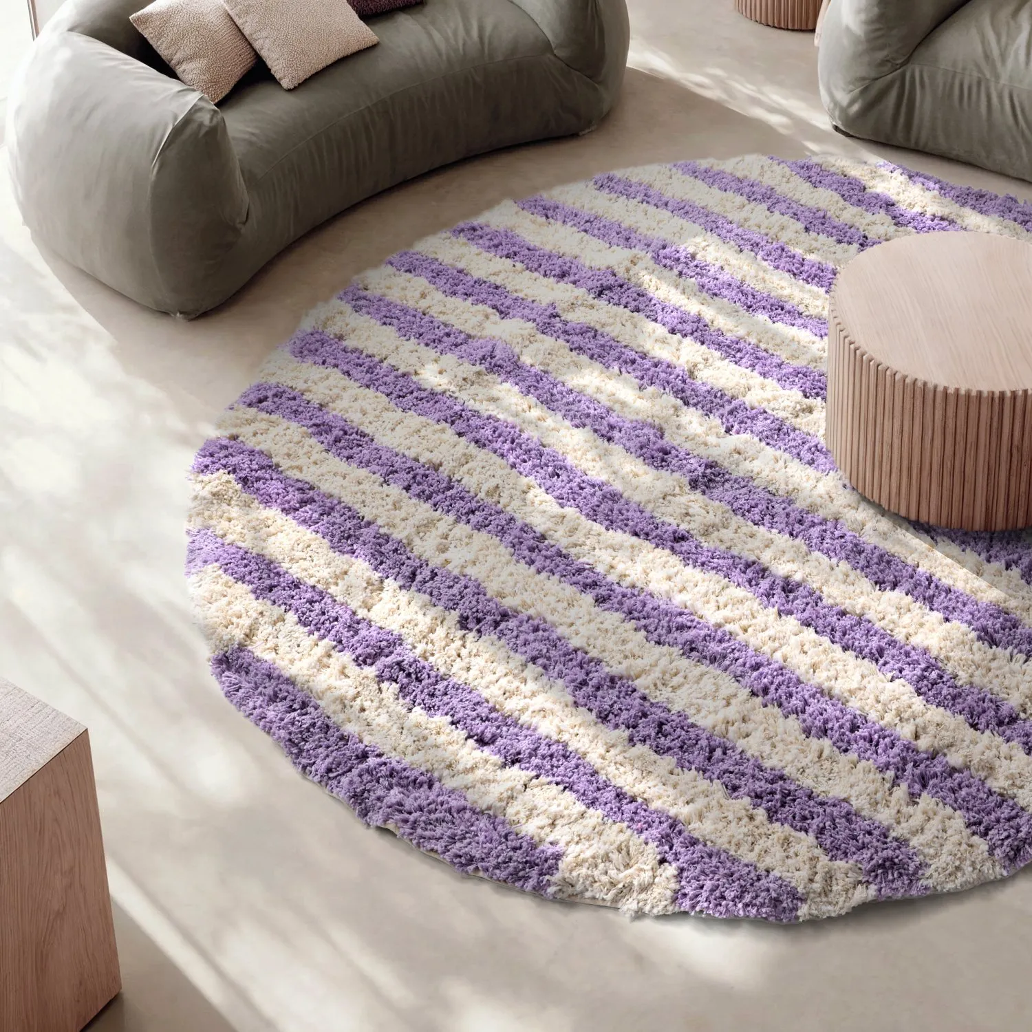 Tappeto rotondo - Thira Stripe Cotton Shaggy (crema/viola chiaro)