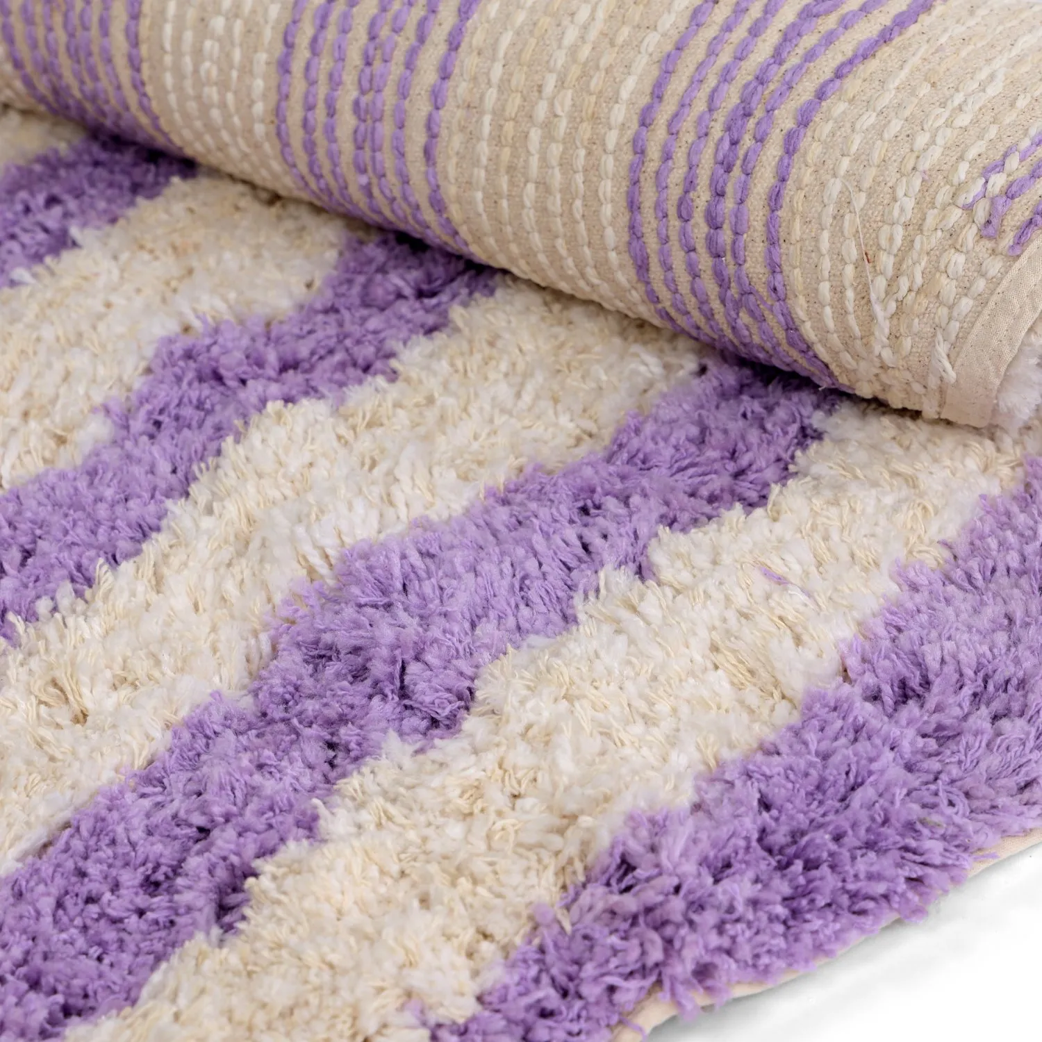 Tappeto rotondo - Thira Stripe Cotton Shaggy (crema/viola chiaro)