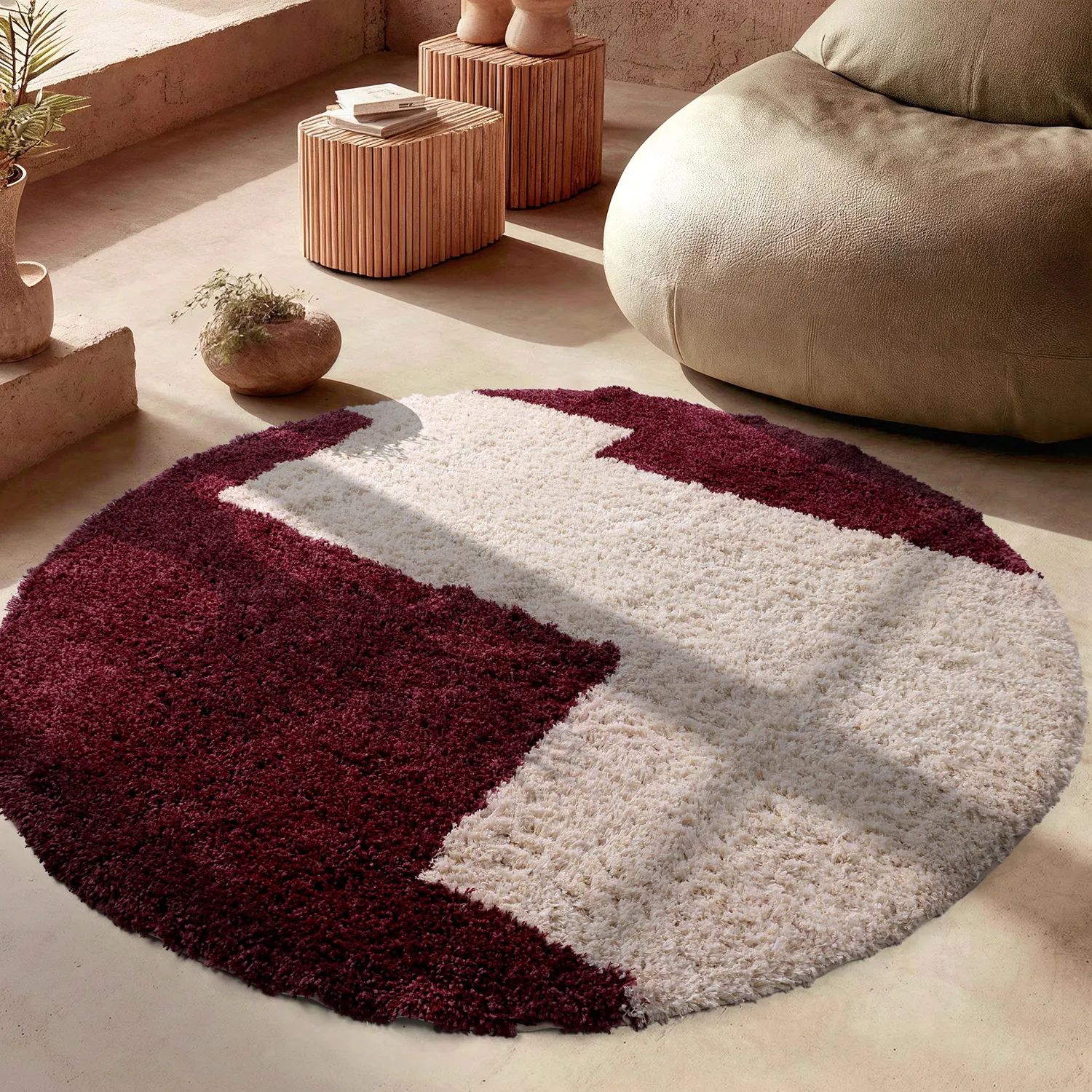 Tappeto rotondo - Begur Natural Cotton Shaggy (bianco sporco/bordeaux)
