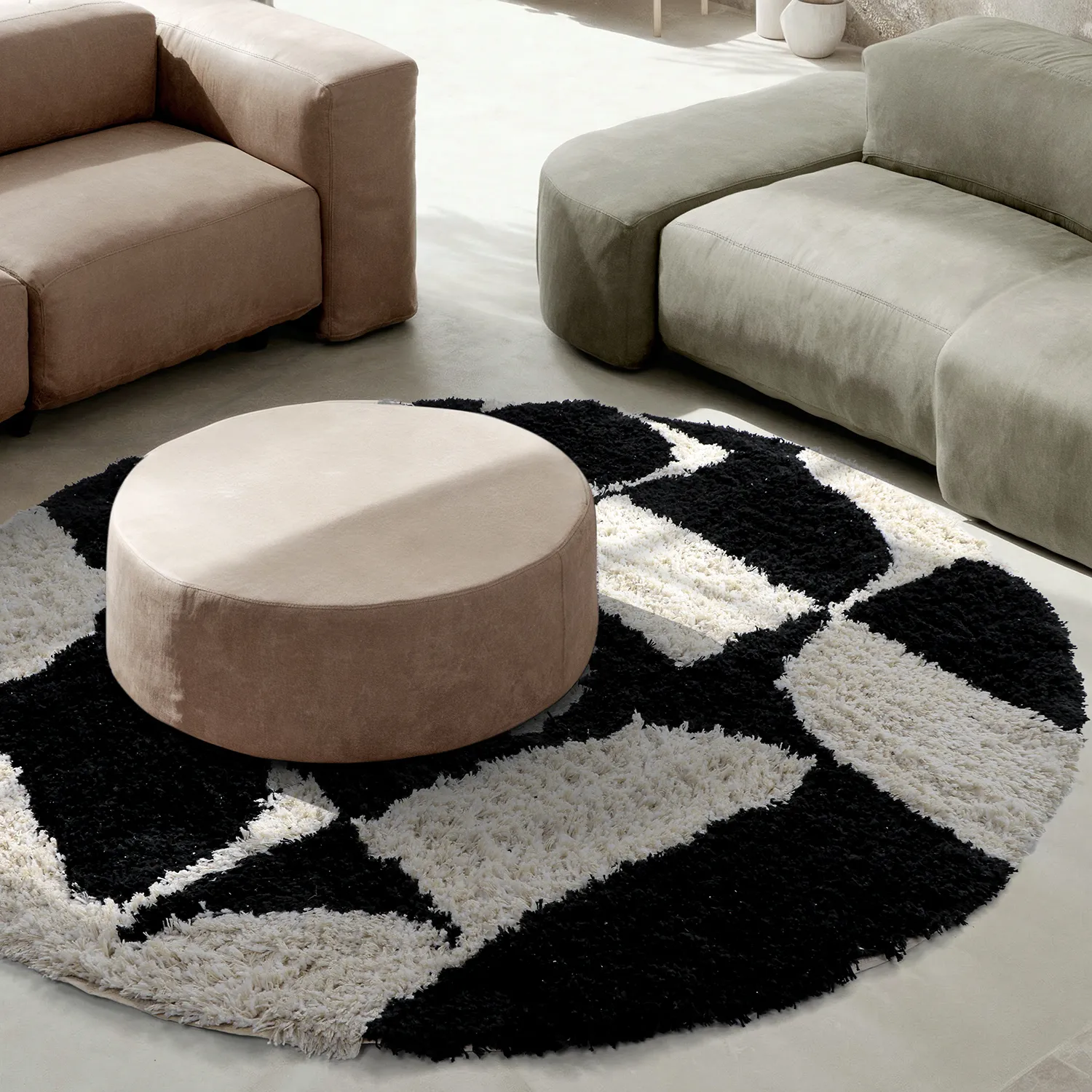 Tappeto rotondo - Marvao Natural Cotton Shaggy (bianco sporco/nero)