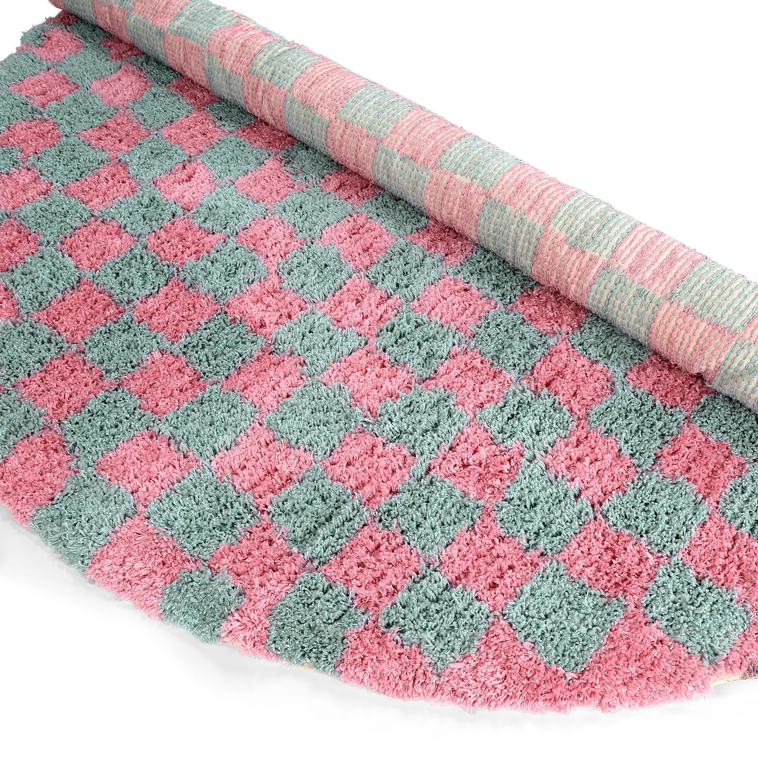 Tappeto rotondo - Methoni Check Cotton Shaggy (azzurro chiaro/rosa chiaro)