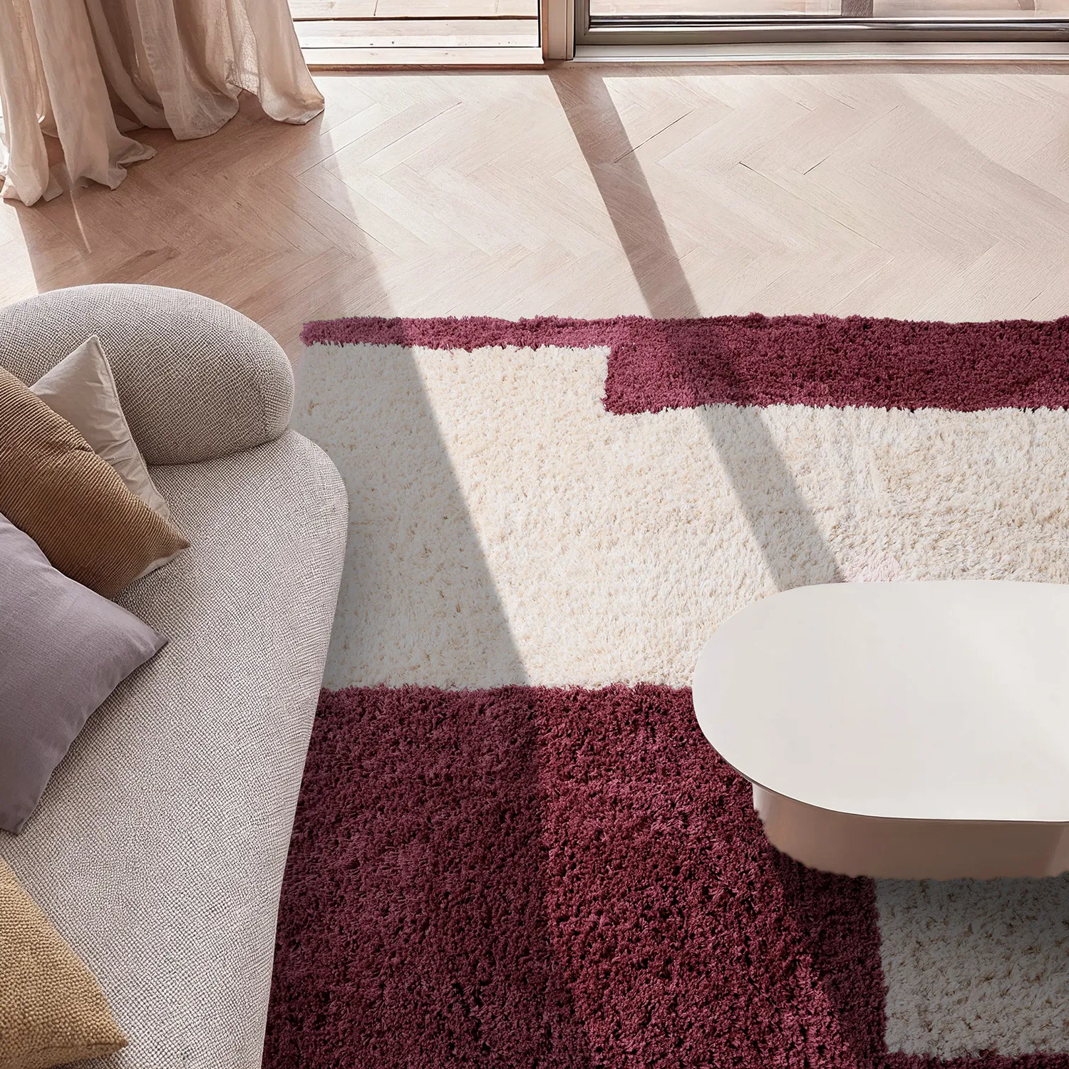 Tappeto A Pelo Lungo - Begur Natural Cotton Shaggy (bianco sporco/bordeaux)