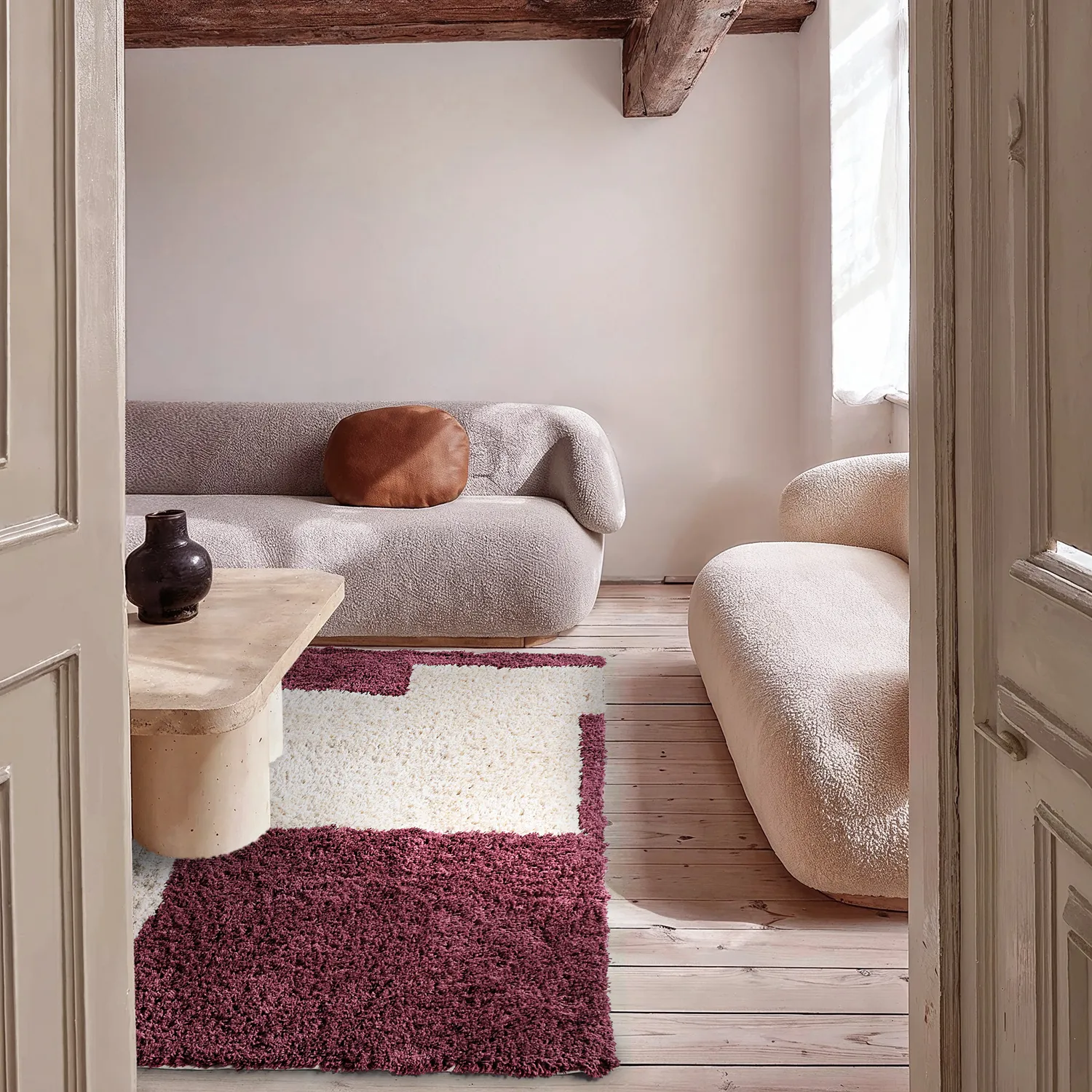 Tappeto A Pelo Lungo - Begur Natural Cotton Shaggy (bianco sporco/bordeaux)