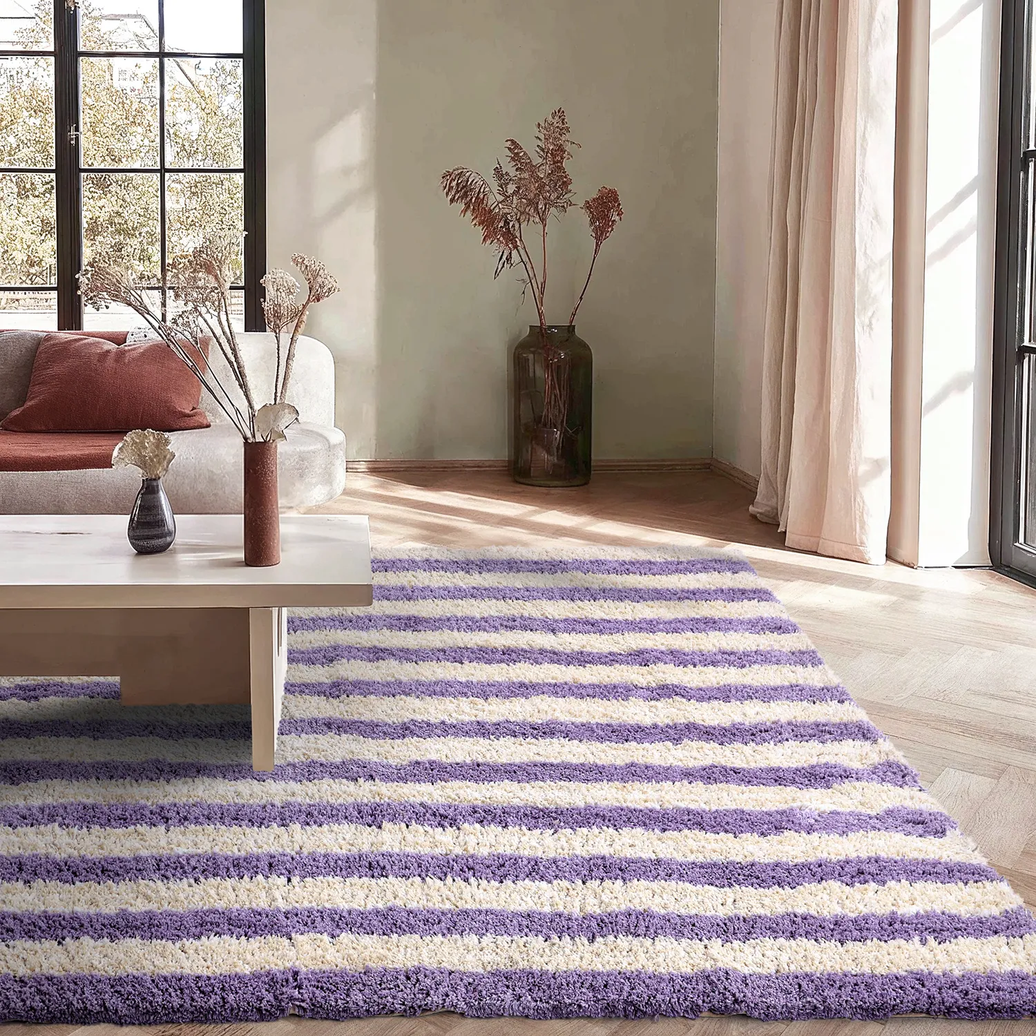 Tappeto A Pelo Lungo - Thira Stripe Cotton Shaggy (crema/viola chiaro)