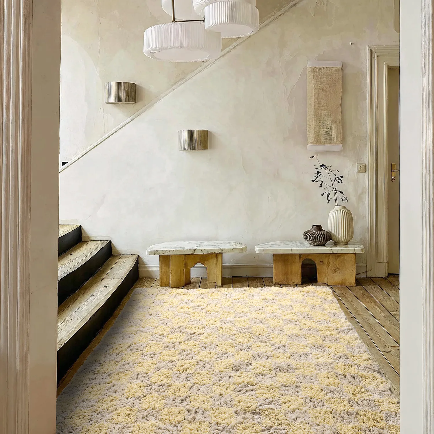 Tappeto A Pelo Lungo - Methoni Check Cotton Shaggy (crema/giallo chiaro)