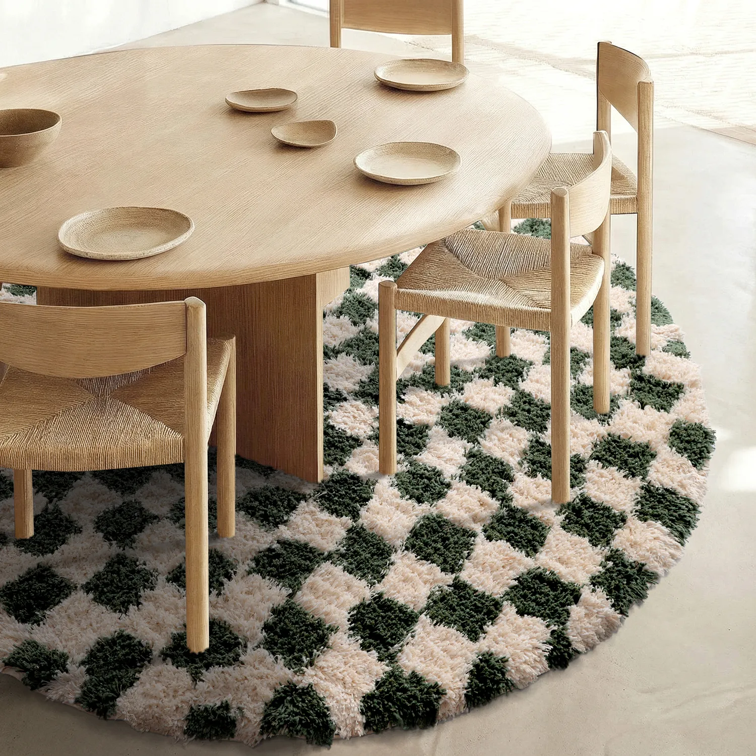 Tappeto rotondo - Methoni Check Cotton Shaggy (crema/verde)