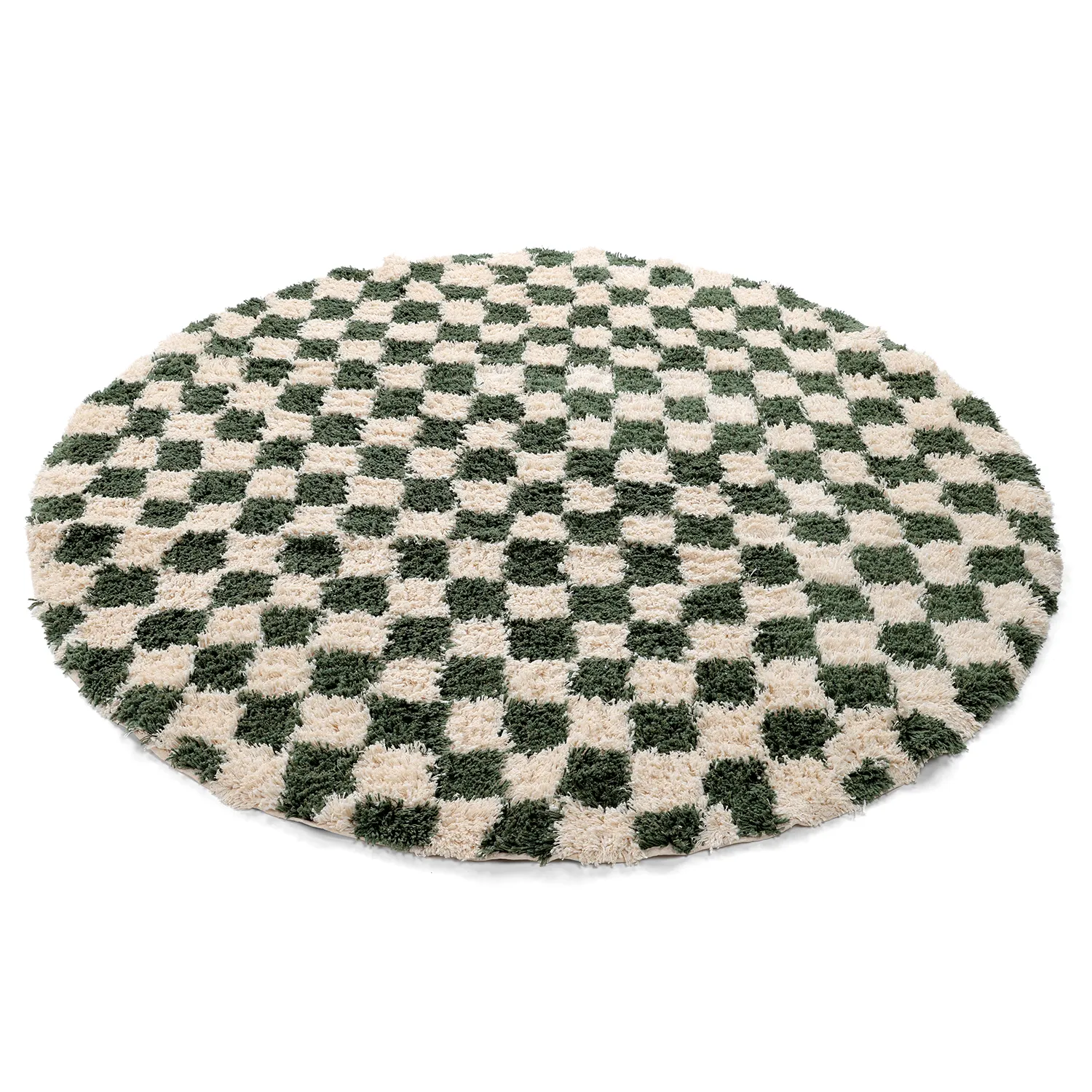 Tappeto rotondo - Methoni Check Cotton Shaggy (crema/verde)