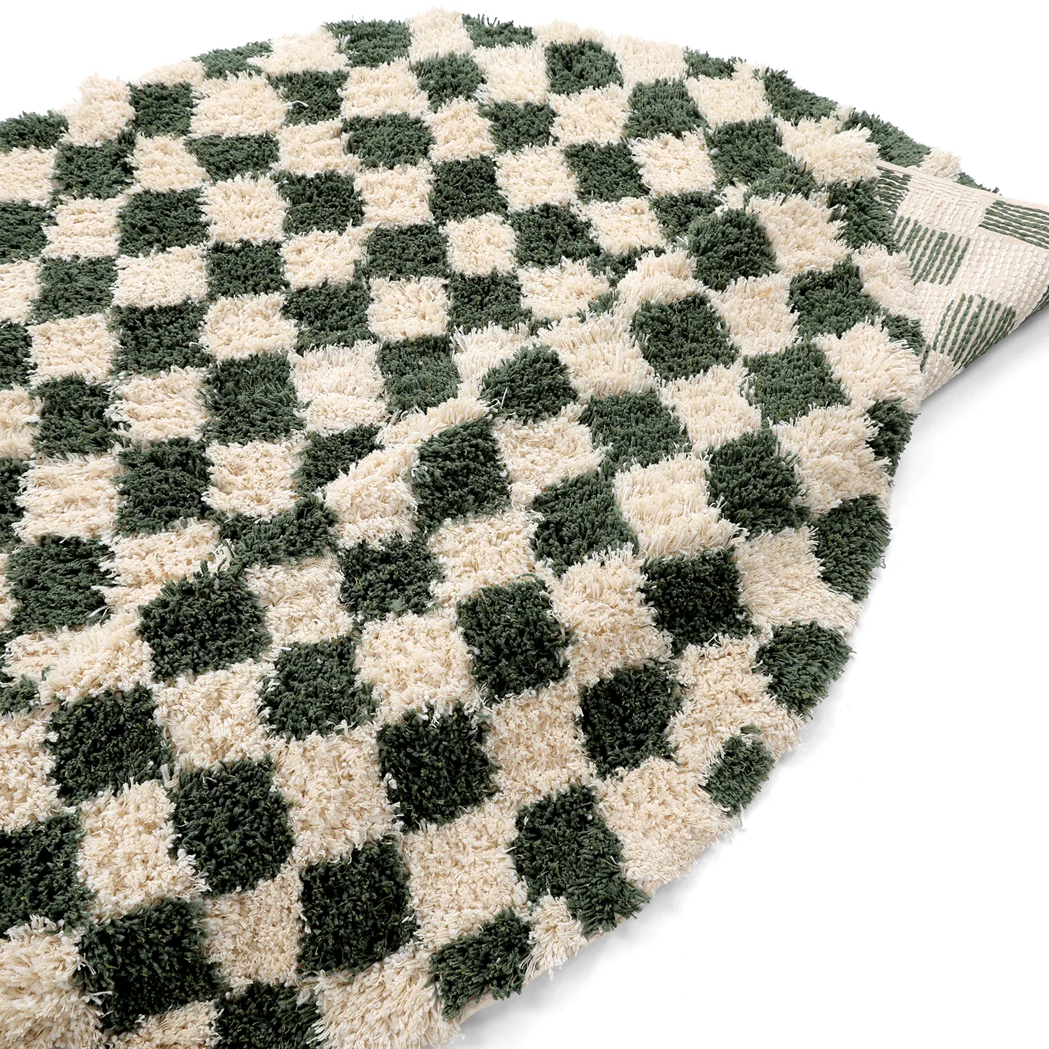 Tappeto rotondo - Methoni Check Cotton Shaggy (crema/verde)