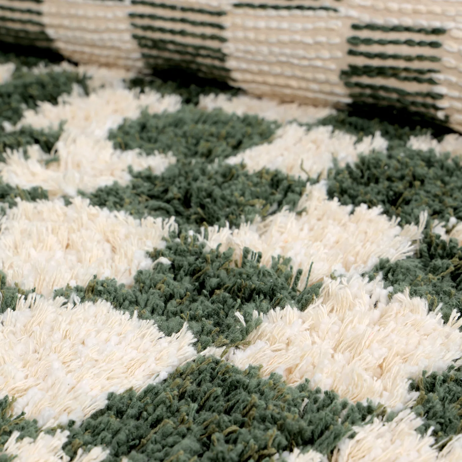 Tappeto rotondo - Methoni Check Cotton Shaggy (crema/verde)