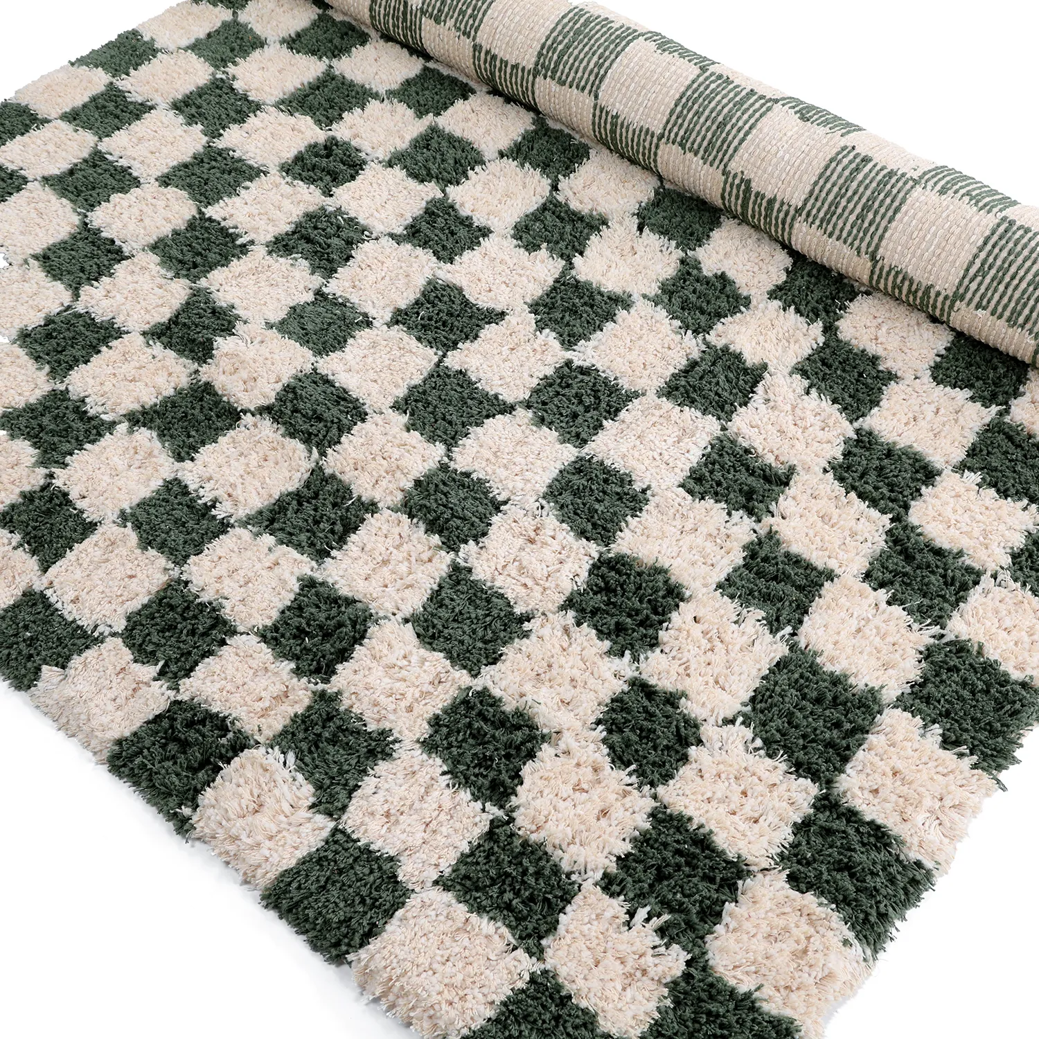 Tappeto A Pelo Lungo - Methoni Check Cotton Shaggy (crema/verde)