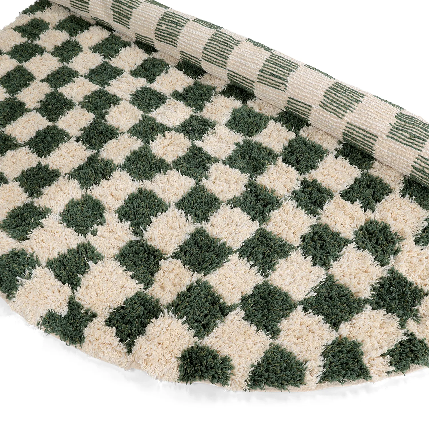 Tappeto rotondo - Methoni Check Cotton Shaggy (crema/verde)