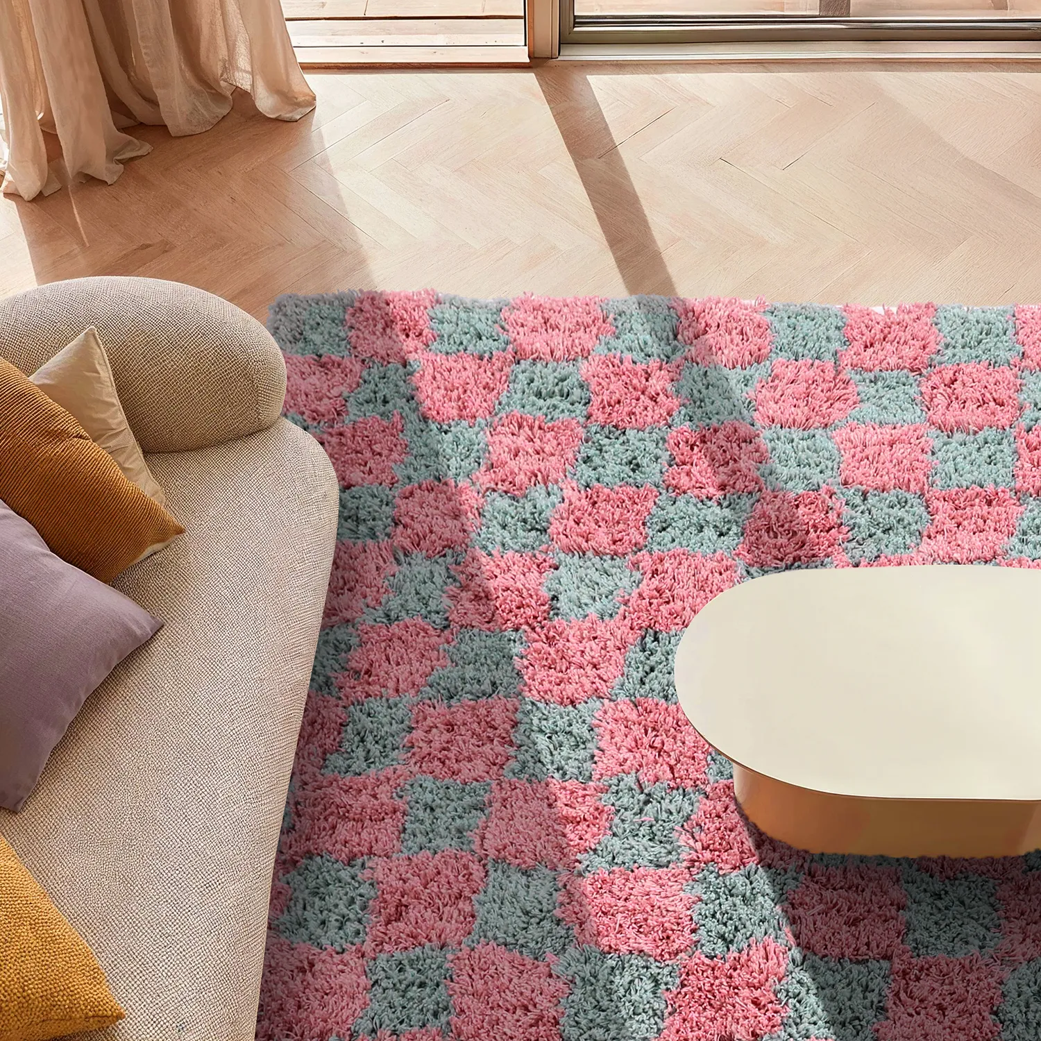 Tappeto A Pelo Lungo - Methoni Check Cotton Shaggy (azzurro chiaro/rosa chiaro)