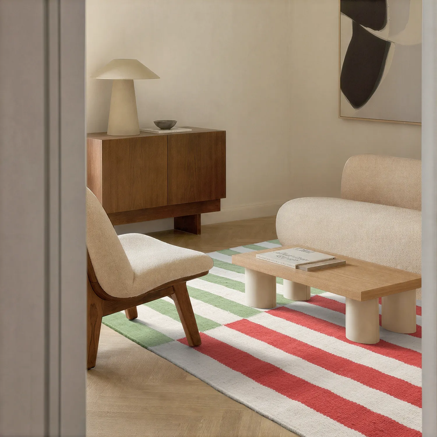 Tappeto In Lana - Peniche (crema/verde/rosso)